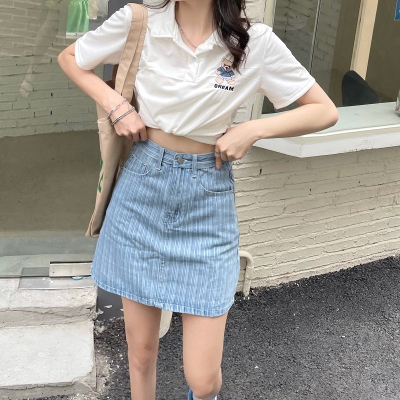 chân váy jean Chữ A Lưng Cao Kẻ Sọc Thời Trang Mùa Hè 2 Màu Cho Nữ