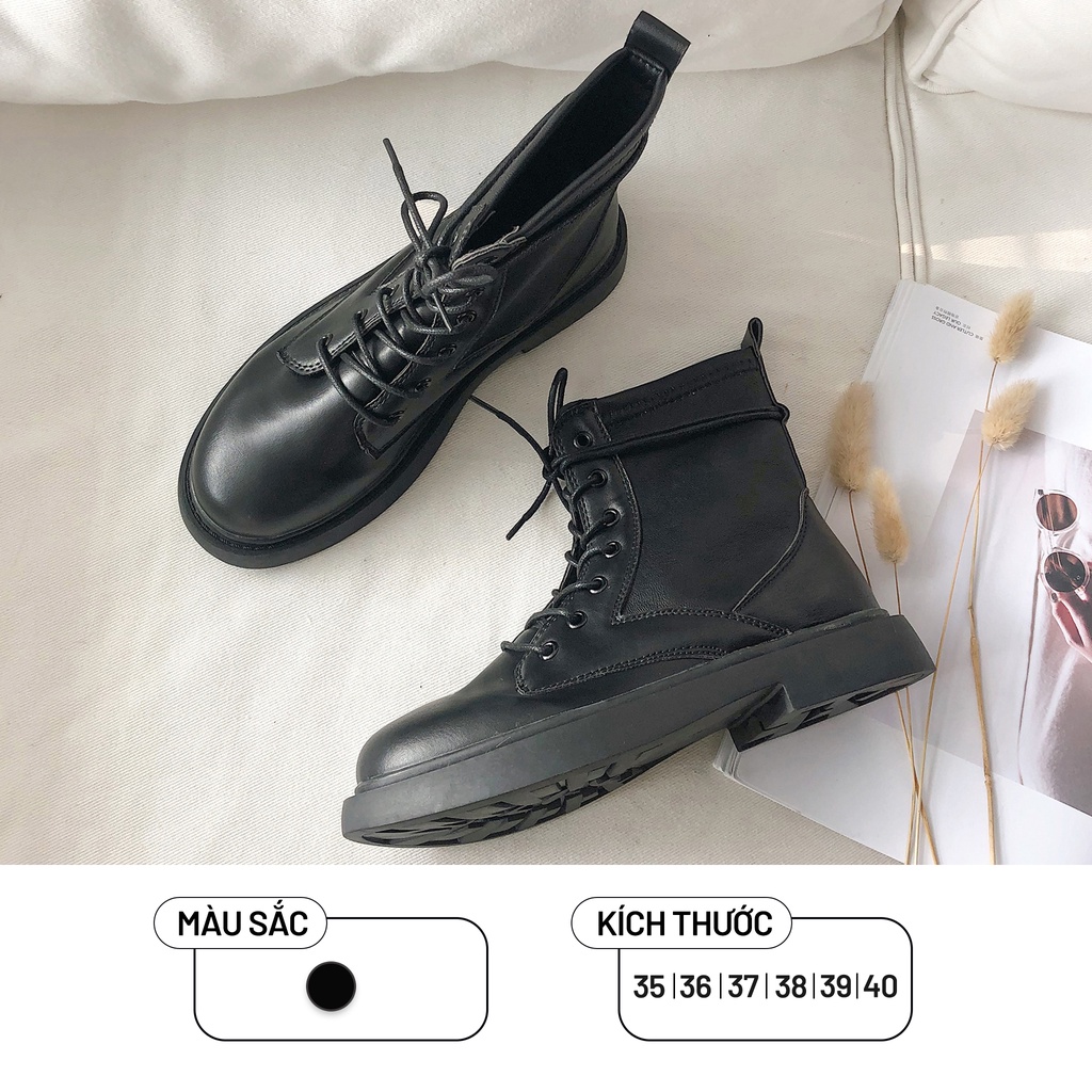 Giày Bốt Martin Nữ Ulzzang, Bốt Chiến Binh Da Cổ Lửng Buộc Dây Đế Cao Su Cao 2cm Vintage Hàn Quốc - Iclassy_shoes