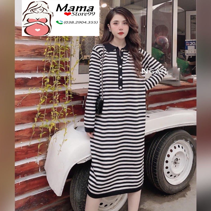 Váy Bầu Thu Đông,Dáng Suông Dài Tay,Sọc Ngang,Cổ Sơ Mi,Co Giãn,Chất Mềm V0042 Mama Store99