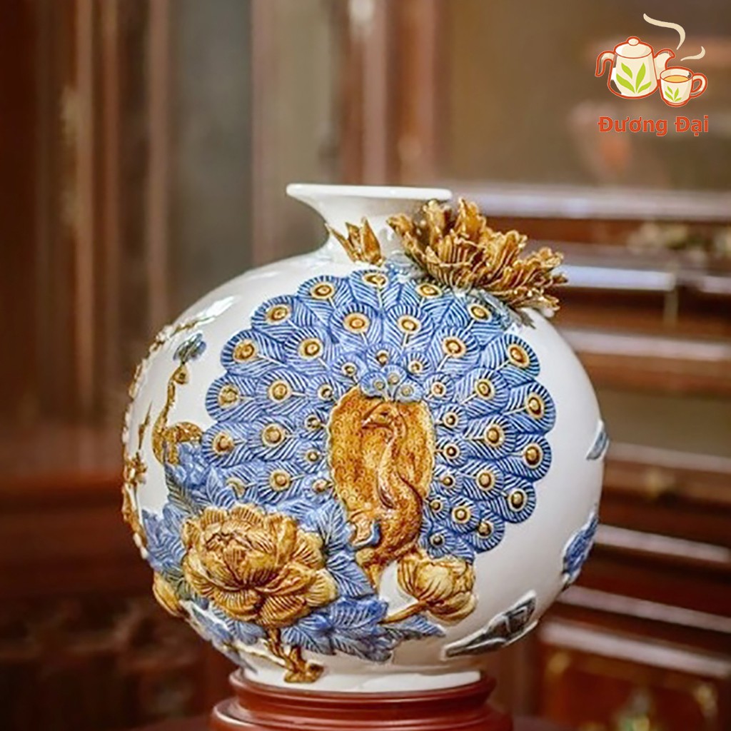 Bình Hút Lộc Công Đào Vinh Hoa Phú Quý Gốm Sứ Bát Tràng Đương Đại + Tặng kèm đế kê gỗ hương