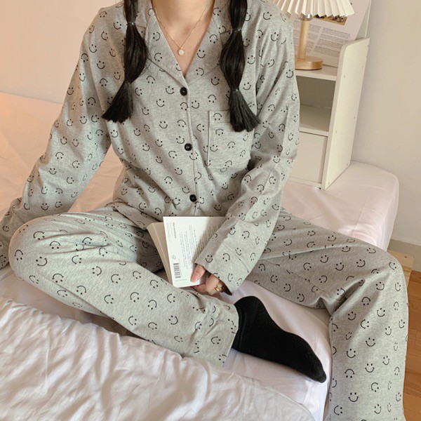 Bộ ngủ pijama dài tay họa tiết mặt cười vải cotton