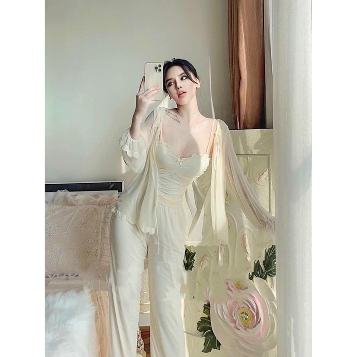 SX 99-Set bộ đồ ngủ voan kèm choàng viền ren MIEMMOC QUẢNG CHÂU cao cấp- Sẵn( video+ảnh thật)
