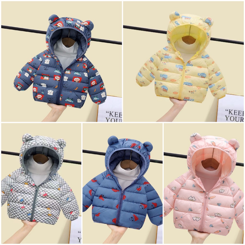 Áo khoác phao siêu nhẹ tai gấu họa tiết cho bé trai/bé gái