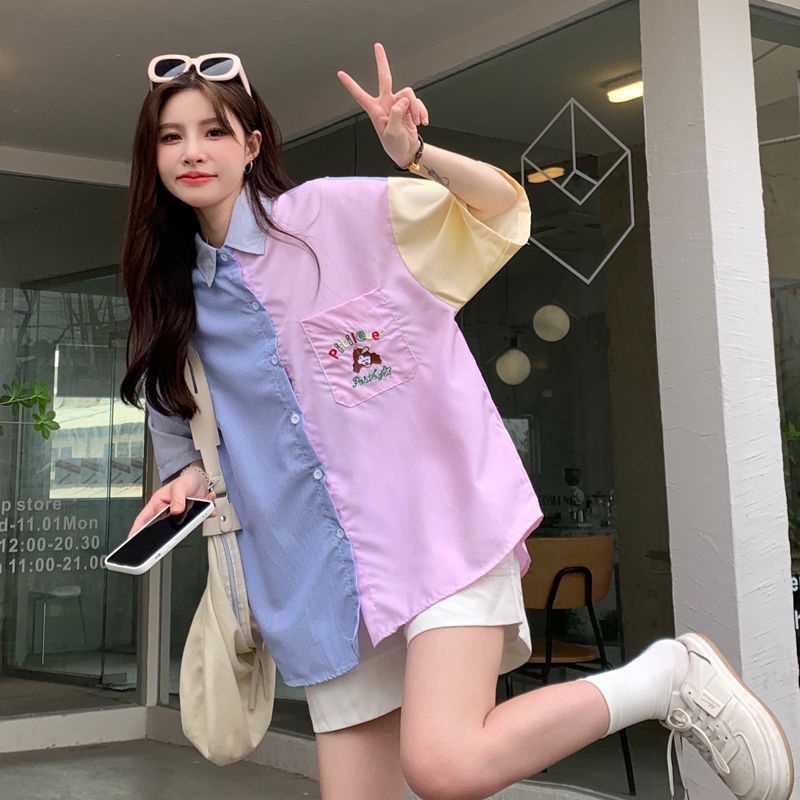 Áo Sơ Mi Tay Ngắn Kẻ Sọc Màu Sắc Tương Phản Phong Cách Hong Kong Thời Trang Mùa Hè Cho Nữ