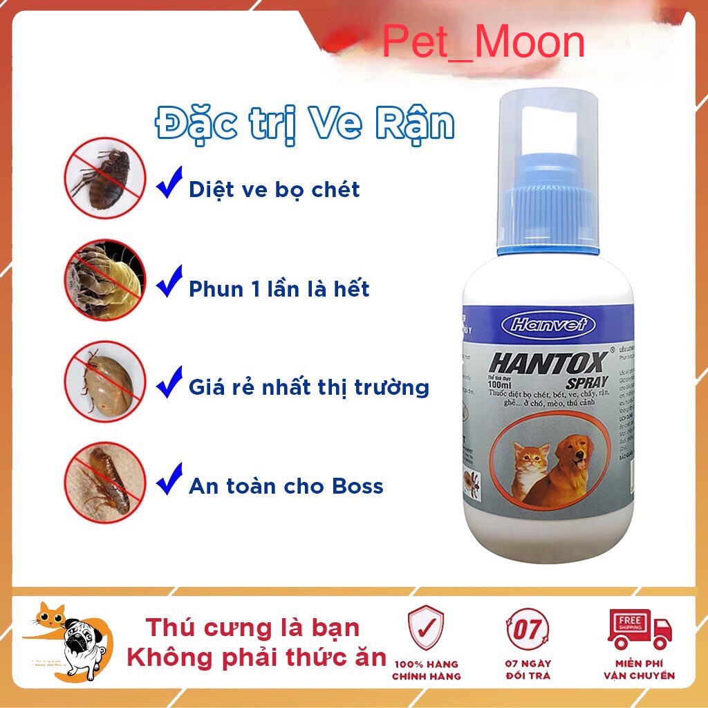 Chai xịt diệt ve rận bọ chét trên Chó Mèo HANTOX SPRAY Chai 100ml Xuất xứ Hanvet Việt Nam