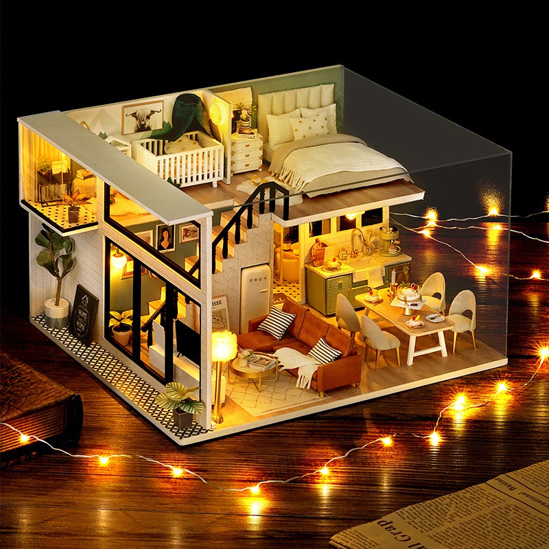 Mô hình nhà búp bê DIY Doll House Miniature_ COMFORTABLE LIFE _Tặng TẤM CHE BỤI + KEO