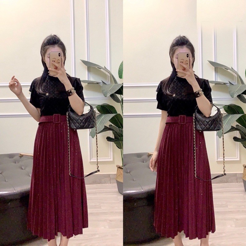 CHÂN VÁY XẾP LY NHŨ KÈM ĐAI MS14300 | BigBuy360 - bigbuy360.vn