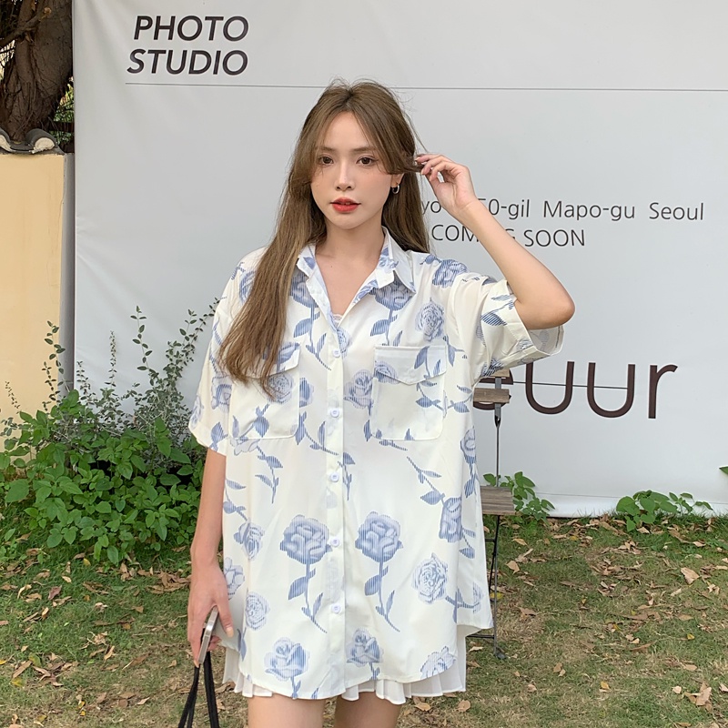 SUXI Áo sơ mi tay ngắn dáng rộng in hoa kiểu retro Hàn Quốc thời trang mùa hè cho nữ