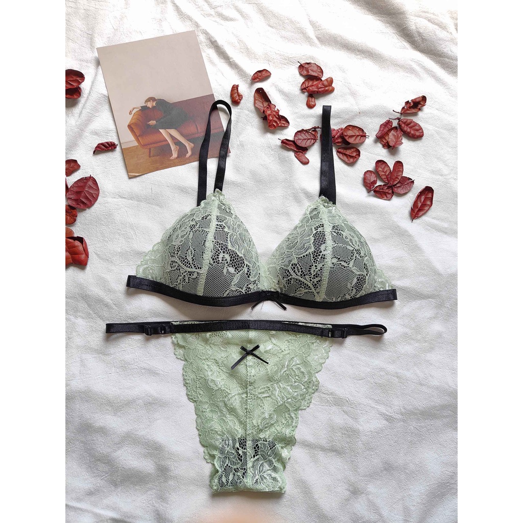 Bộ đồ lót ren sexy🔥 NS213 hoa văn không gọng mút vừa gợi cảm màu xanh quần dây Nhà Sò