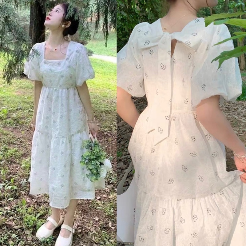 Đầm midi BABYDOLL trắng hoa nơ lưng