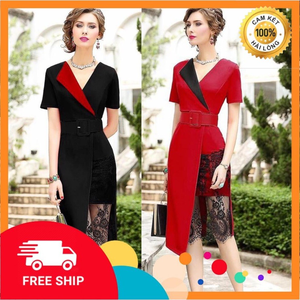Đầm ôm - Đầm body cổ vest xẻ tà phối ren kèm belt