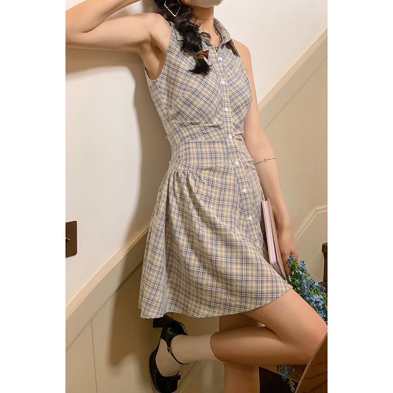 Đầm Sơ Mi Sát Nách Cổ Chữ V Họa Tiết Sọc Caro Thời Trang Mùa Hè Mới