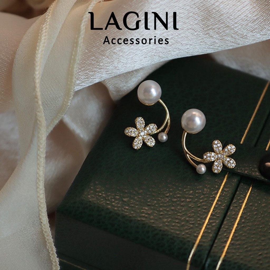 Bông tai ôm vành hoa đính đá chuôi bạc Lagini trẻ trung cho nữ phong cách Hàn Quốc