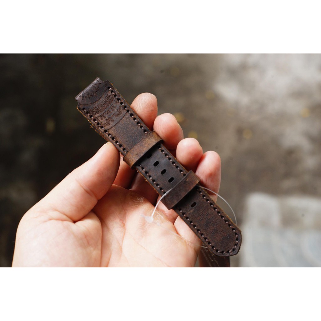 Dây Đồng Hồ Da Bò Thật Bền Đẹp Họa Tiết Trống Đồng Nâu Đất - Ram Traditional Dark Brown