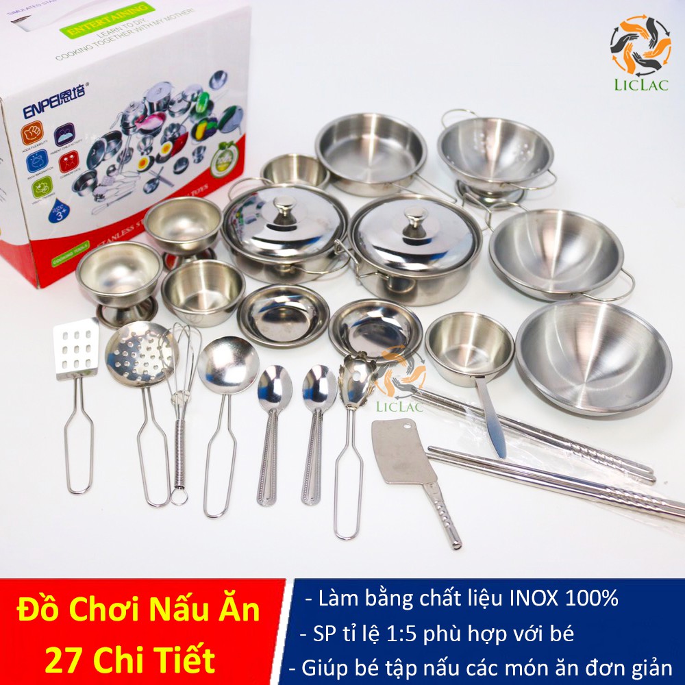 Bộ đồ chơi Nấu Ăn bằng INOX 100% gồm 27 chi tiết giúp bé tập nấu các món ăn thực tế - LICLAC