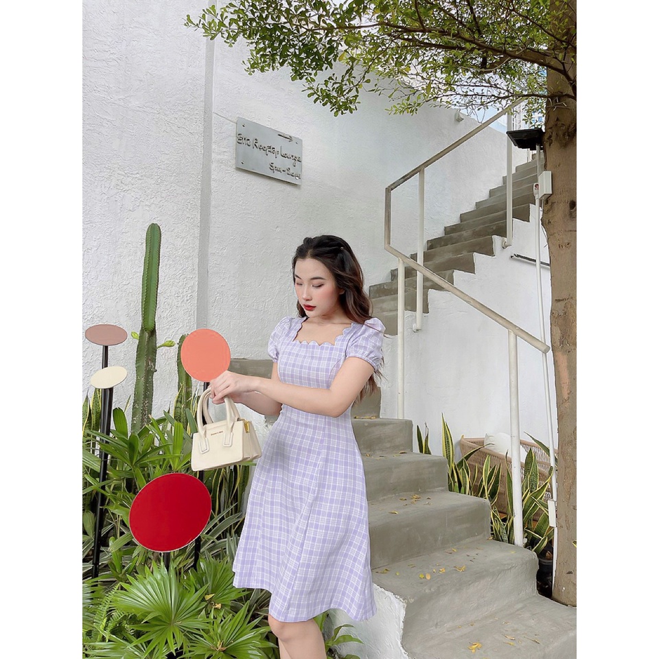 Đầm caro cổ vuông gợn sóng thanh lịch Rebecca C351 Cin House