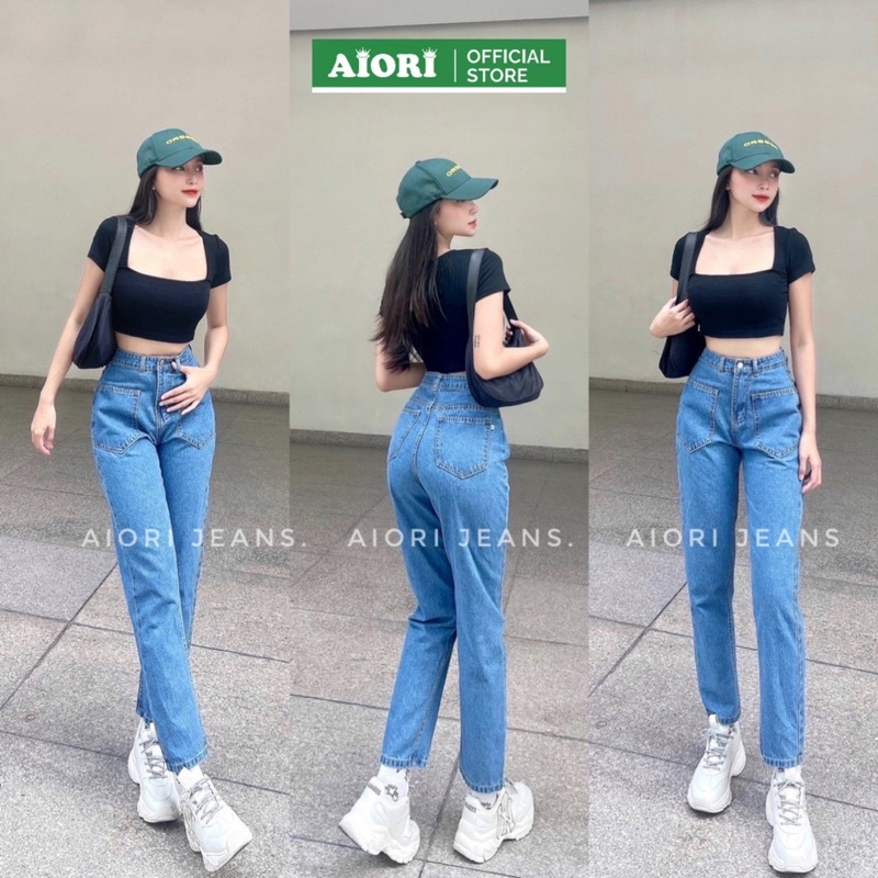 Quần Jean Baggy Nữ Lưng Cao Túi Trước Thời Trang Aiori Jeans
