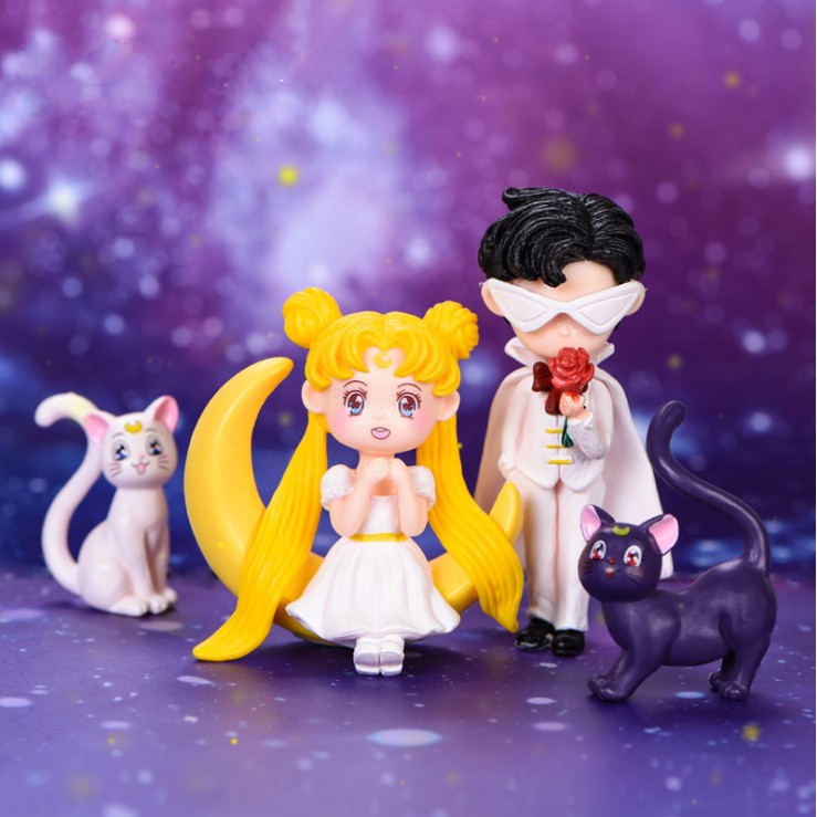 Mô hình thủy thủ Mặt Trăng Sailor Moon và Tuxedo Mặt Nạ cùng 2 chú mèo Luna / Artemis trang trí bánh, DIY