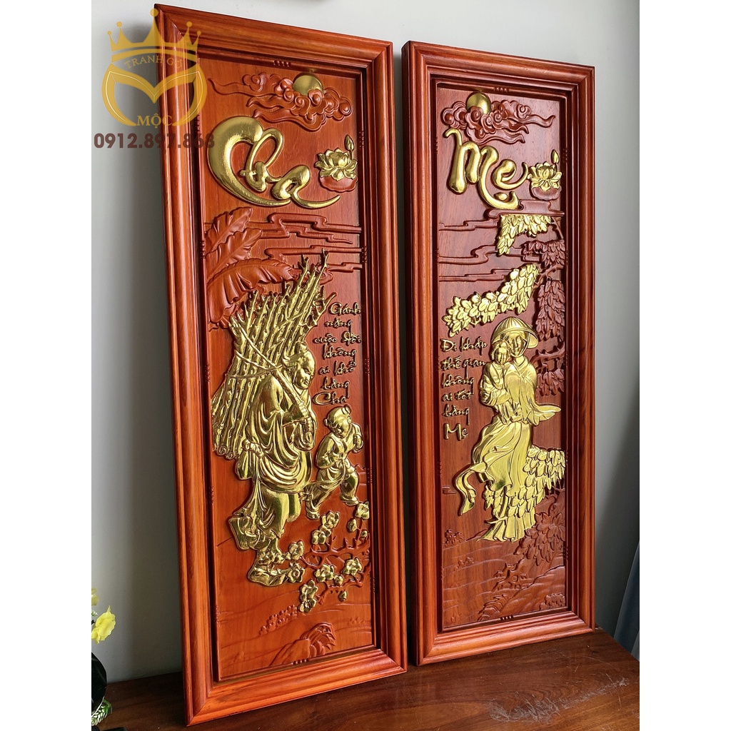 Tranh câu đối Cha Mẹ gỗ hương