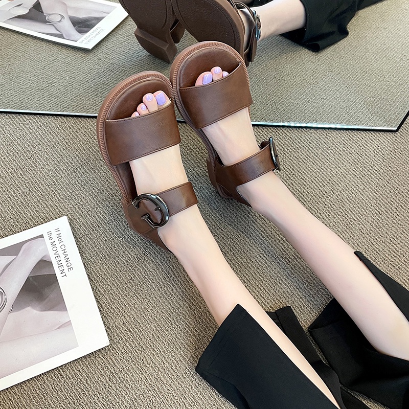 Sandal Hở Ngón Đế Thấp Phong Cách Retro Cho Nữ