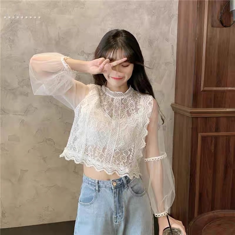 Áo ren phối tay bồng lưới