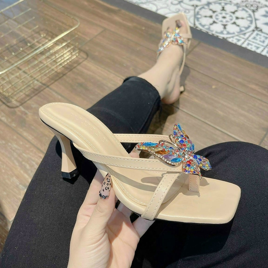 Giày Dép Nữ Guốc  Cao Gót 7cm Hở Mũi Kiểu Kẹp Ngón Đính Xoàn Charm Đá To Mẫu Mới Bền Đẹp Giá Tốt Mã DKB MINHTUYETSHOES