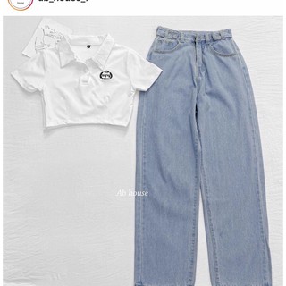 🍬Set Baggy Jeans Đai Nút + Crop Thêu Logo
