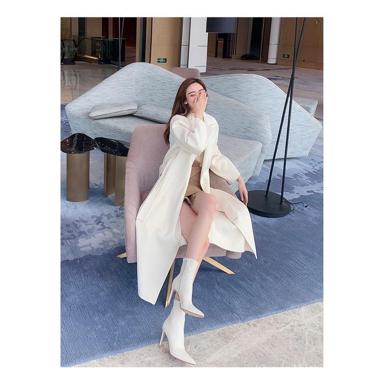 Giày bốt cao gót màu trắng/ đen phong cách Pháp thời trang thu đông 2021 cho nữ