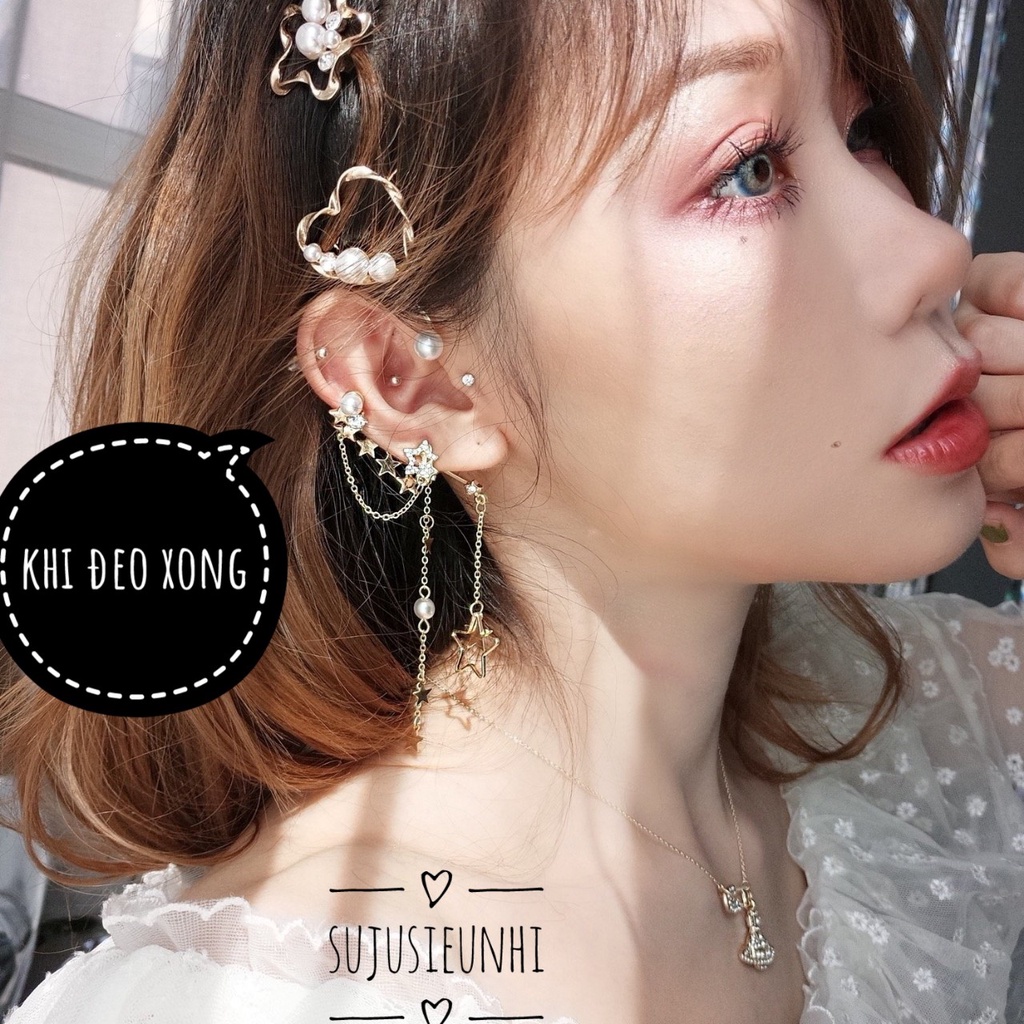 (ko xỏ lỗ) khuyên tai sao ngọc kẹp vành 2 chiếc đeo cùng bên nữ tính