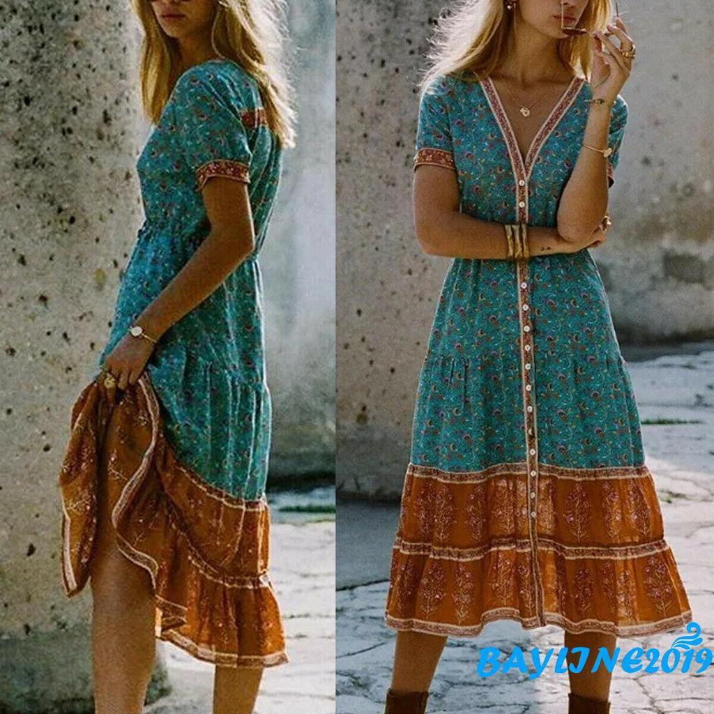 Đầm maxi dài không tay in hoa phong cách boho cho nữ