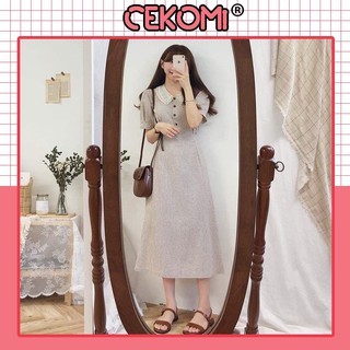 Đầm Nữ - Đầm Dáng Suông Tay Bồng Cổ Sen Họa Tiết Vintage Phong Cách Hàn Quốc