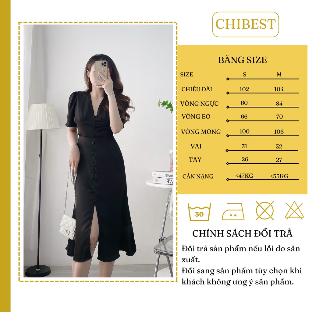 Đầm body lụa dáng dài cao cấp nút bọc xẻ line trước CHIBEST HDB813