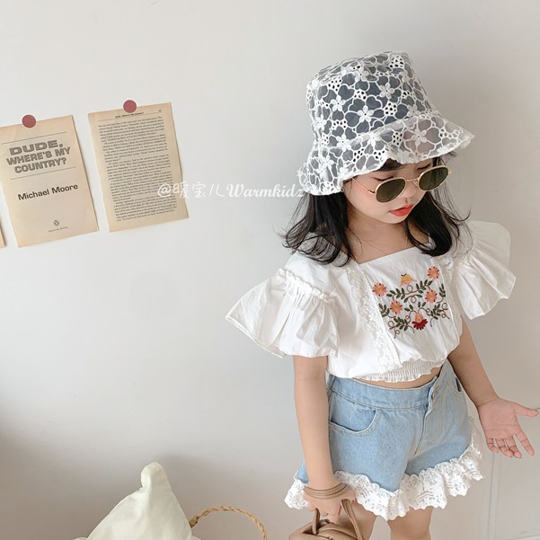 Áo Ren Ngắn Tay Thêu Hoa Cho Bé Gái