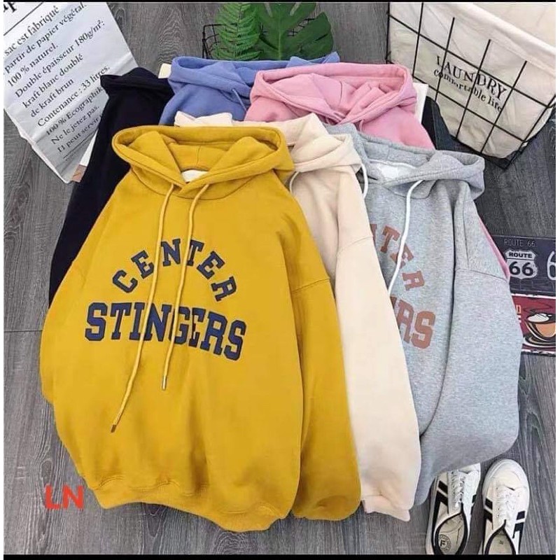 áo hoodie nỉ mũ túi bụng in chữ center stinger