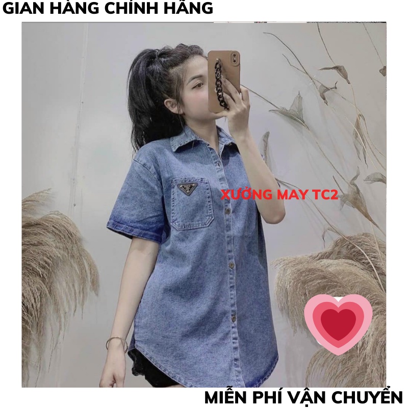 Áo sơ mi jean MẶT LOGO from rộng- áo bò demin ngắn tay phong cách ulzzang hàn quốc XƯỞNGMAYTC2