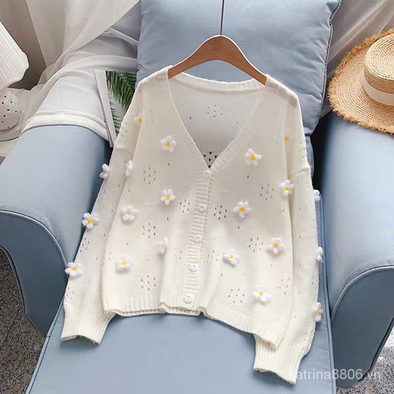 Áo Khoác Len Cardigan Mỏng Họa Tiết Hoa Vàng Thời Trang Mùa Thu Cho Nữ