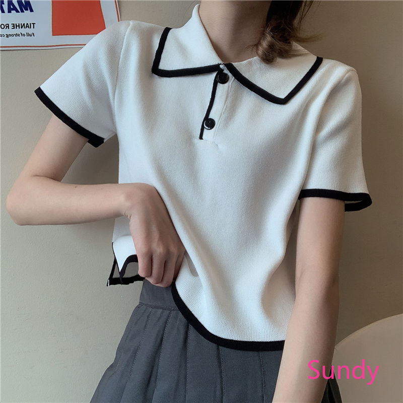 Áo thun tay ngắn dáng ôm màu tương phản thời trang cho nữ