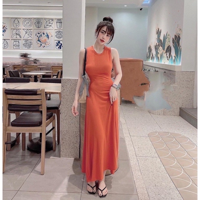 Váy body thun sát nách dáng maxi dài xoè freesize