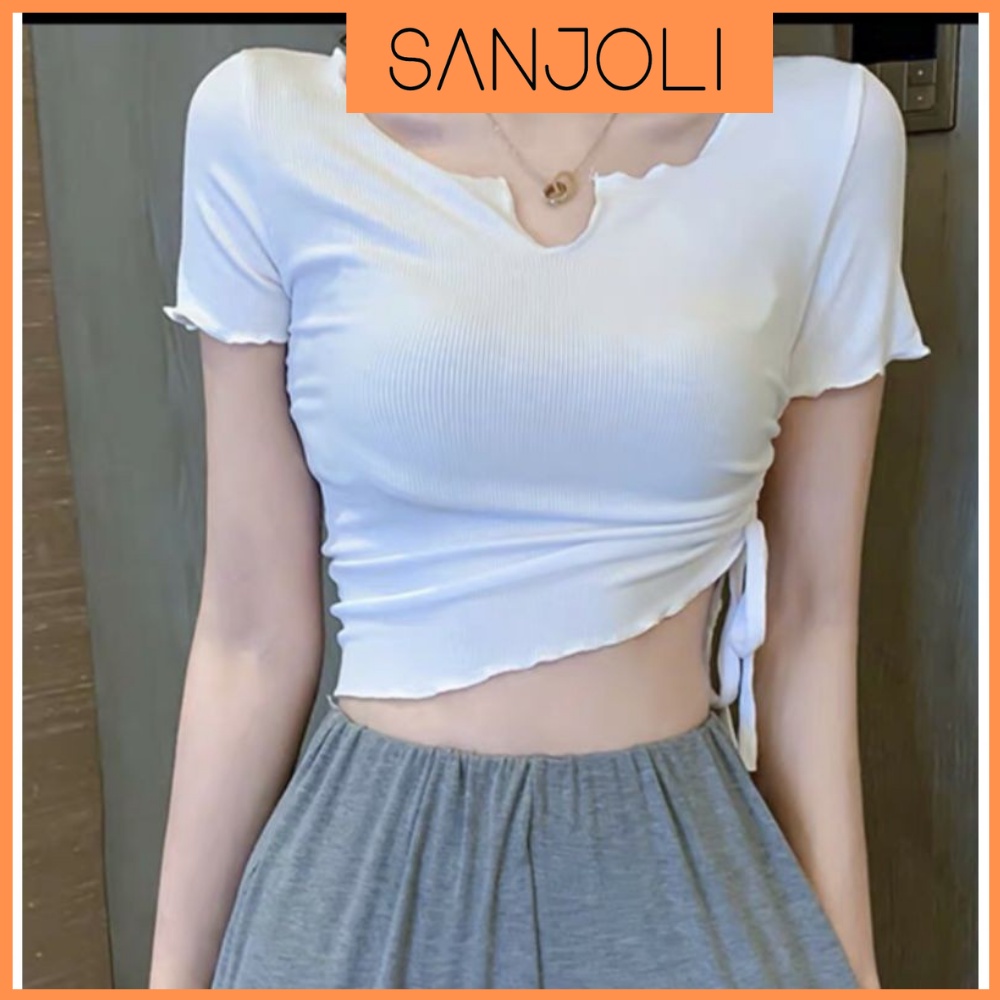 Áo Croptop Ôm Body SANJOLI Áo Kiểu Crt Sexy Nữ Tay Ngắn Cột Dây Đẹp Bánh Bèo Hàn Quốc AO035