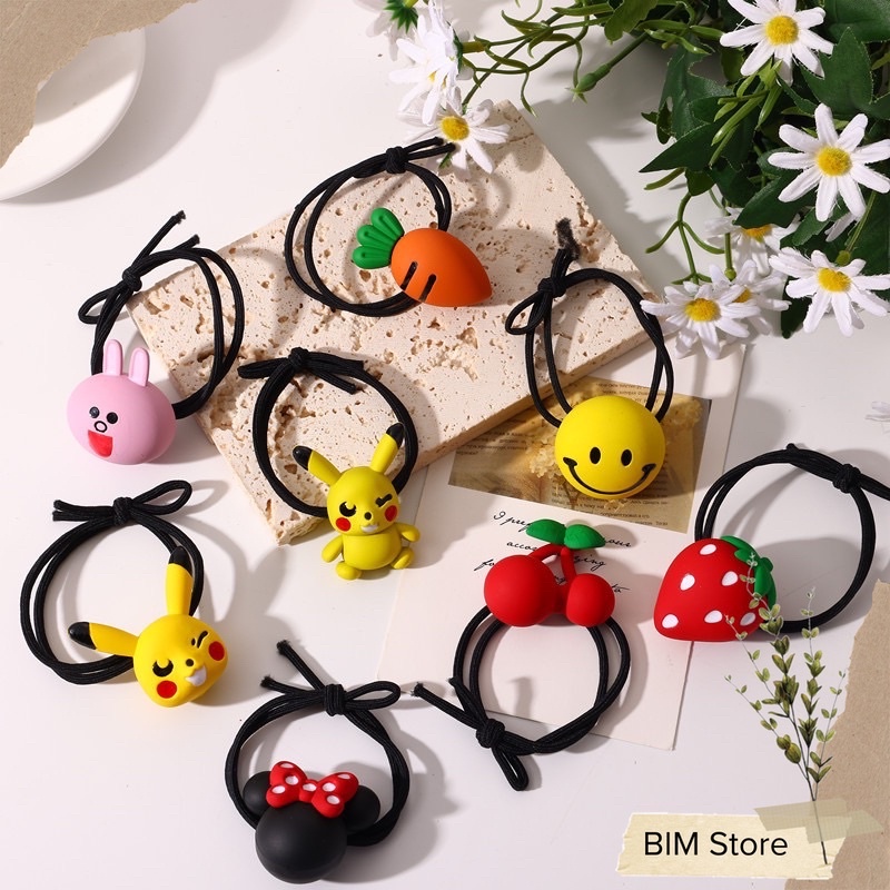 Dây buộc tóc, cột tóc đính charm siêu to khổng lồ hình cà rốt, ếch xanh, pikachu, khủng long…