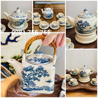 Bộ Ấm Chén Bát Tràng men rạn cổ + Tặng hộp logo Bát Tràng