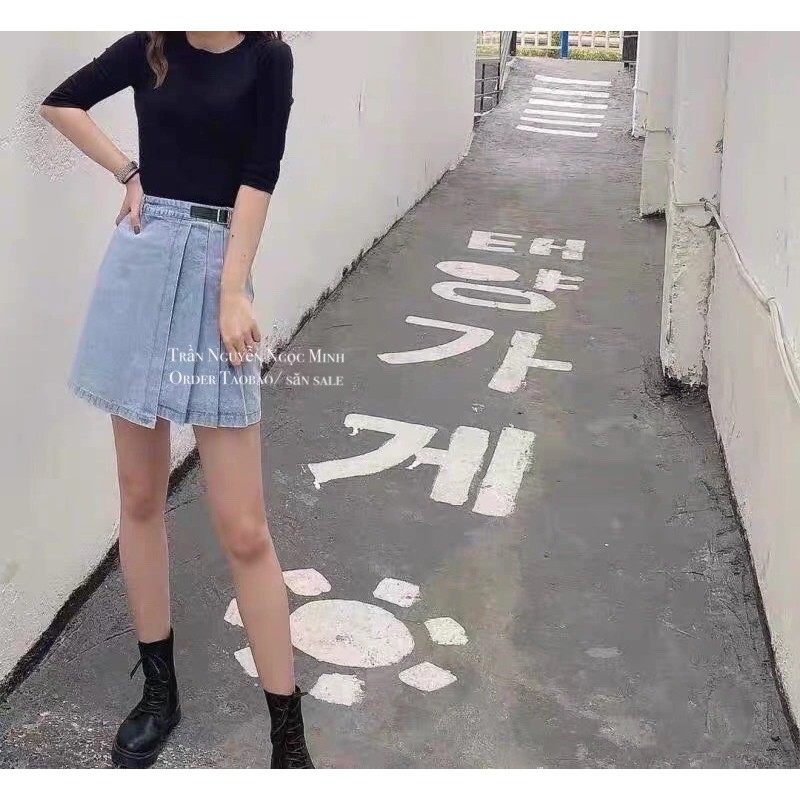 Chân váy jean bò xếp ly ulzzang kèm đai có bigsize kèm ảnh thật