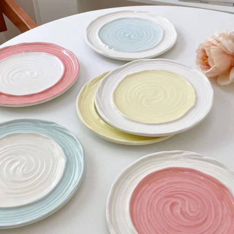 Đĩa sứ 2 màu pastel dĩa ăn đồ ngọt, hoa quả, đĩa sứ decor hồng vàng xanh