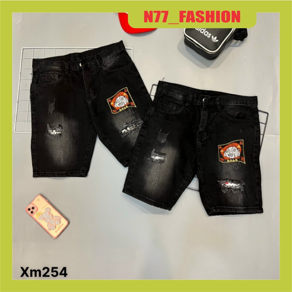 Quần short jean nam cao cấp đen rách thêu họa tiết EVISU vải dày co dãn mẫu mới nhất cao cấp