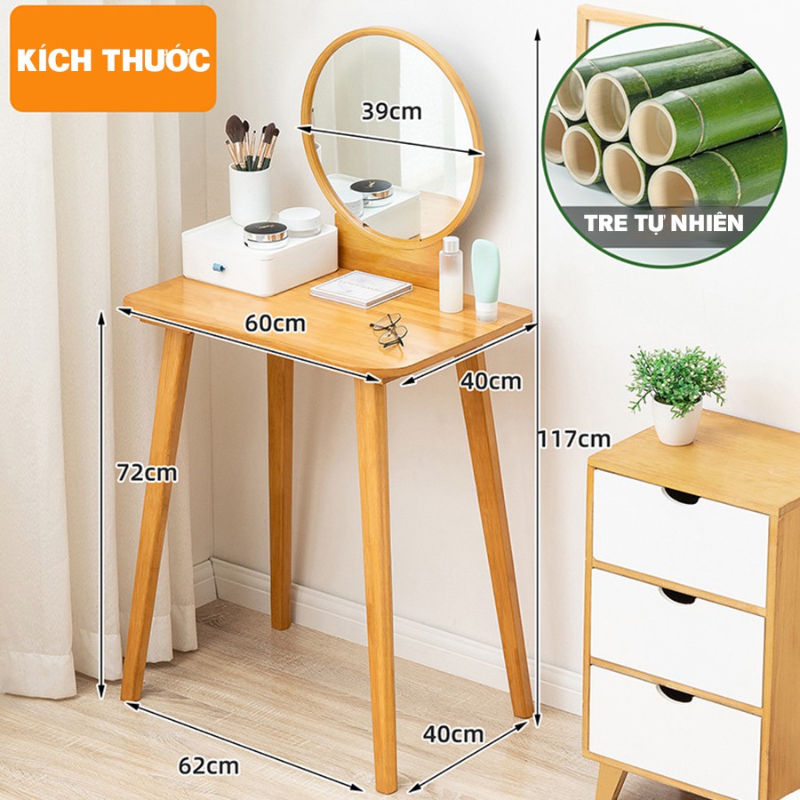 Bàn trang điểm kèm gương thông minh VANGO V27 gỗ tre tự nhiên cao cấp, siêu tiết kiệm diện tích, phong cách hiện Bắc Âu