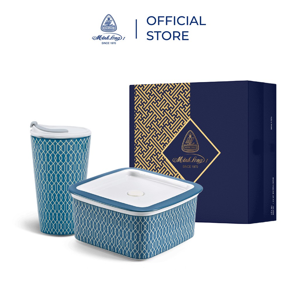 Combo trung thu: Bộ quà tặng hộp sứ + ly sứ dưỡng sinh Minh Long hoa văn Indigo kèm hộp và túi giấy sang trọng (cb3)