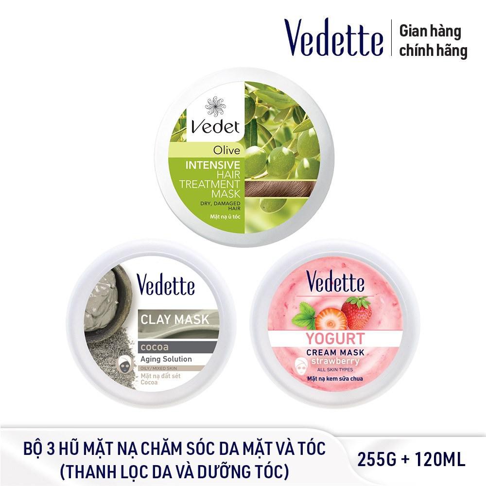 Bộ Mặt Nạ Chăm Sóc Da Và Tóc Toàn Diện VEDETTE - THANH LỌC DA VÀ DƯỠNG TÓC - BÙN 145, DÂU 120 VÀ OLIVE 110 - TPMX011