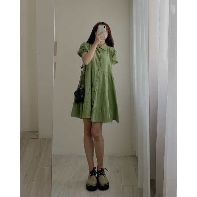 Đầm babydoll 3 tầng xanh bơ,chất vải đũi mềm 743