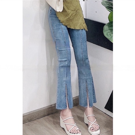 Quần jean ống loe lỡ xẻ gấu co giãn lưng siêu cao quần bò ống loe 9 tấc cạp lưng cao quần bò xẻ gấu