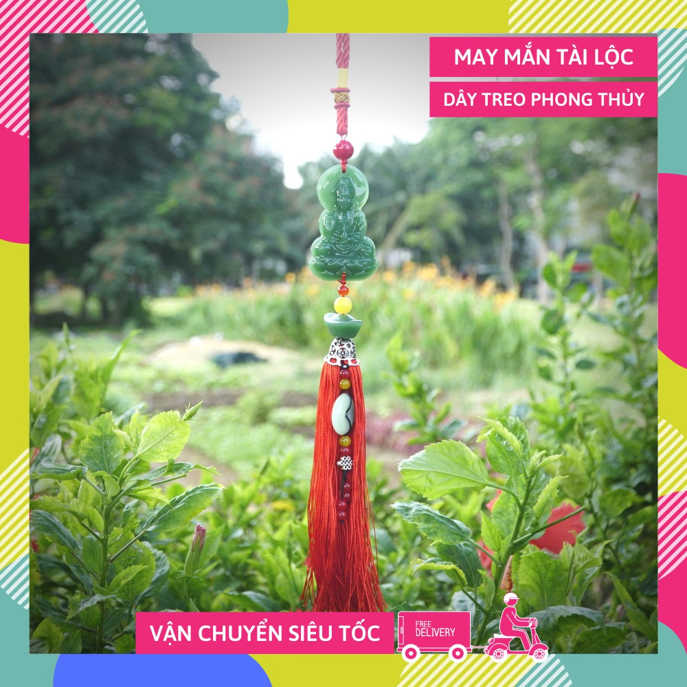 Dây treo xe ô tô Bồ Tát ngọc bội xanh tua đỏ bình an tài lộc - Dây VIP rất đẹp